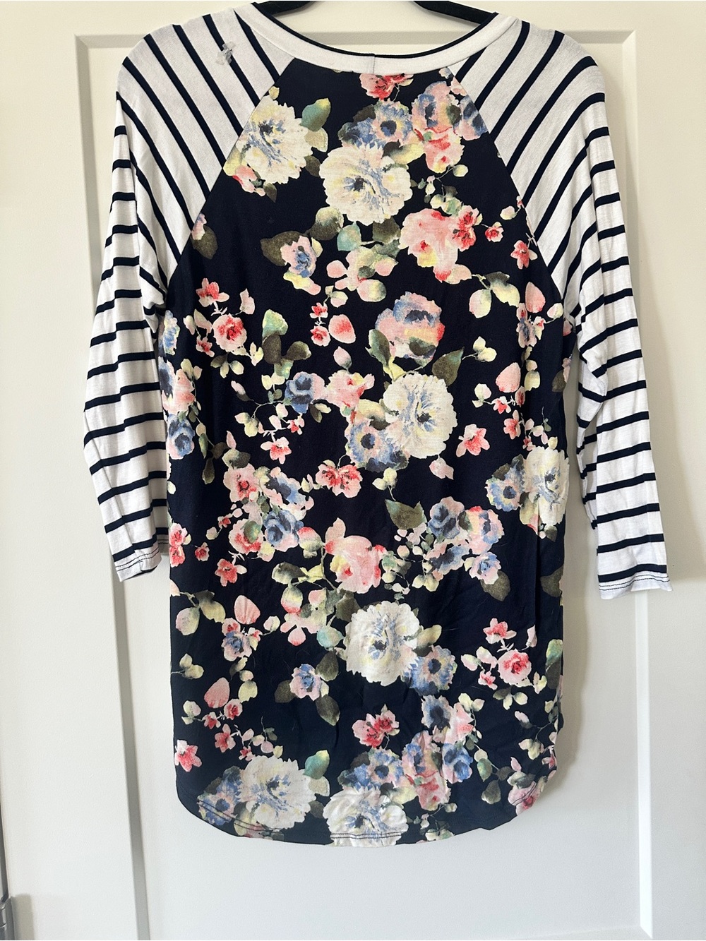 First Looks Black Floral Raglan Long Sleeve Tee with White Striped Sleeves - Picture 2 of 4